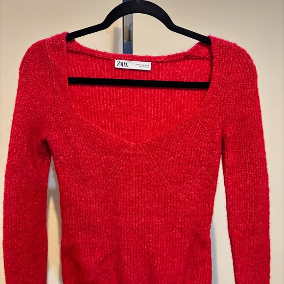 Zara Alpaca Wool Blend Red Square Neck Long Sleeve Sweater - Picture 5 of 9